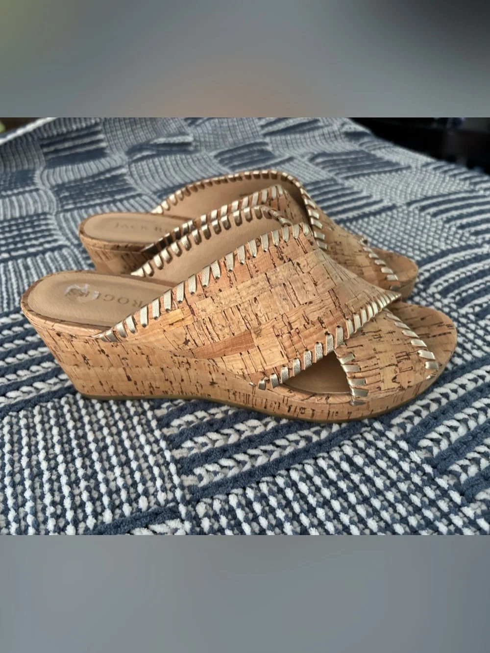 Jack Rogers Mid Wedge Cross Strap Sandals Cork Slide Tan Gold Whip Stitch 9.5